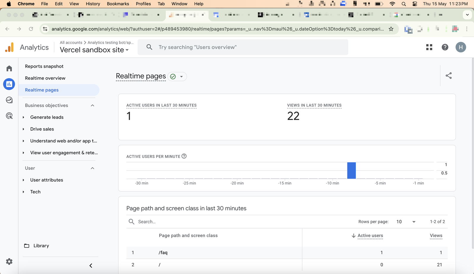 GA real time dashboard showing bot traffic as real traffic