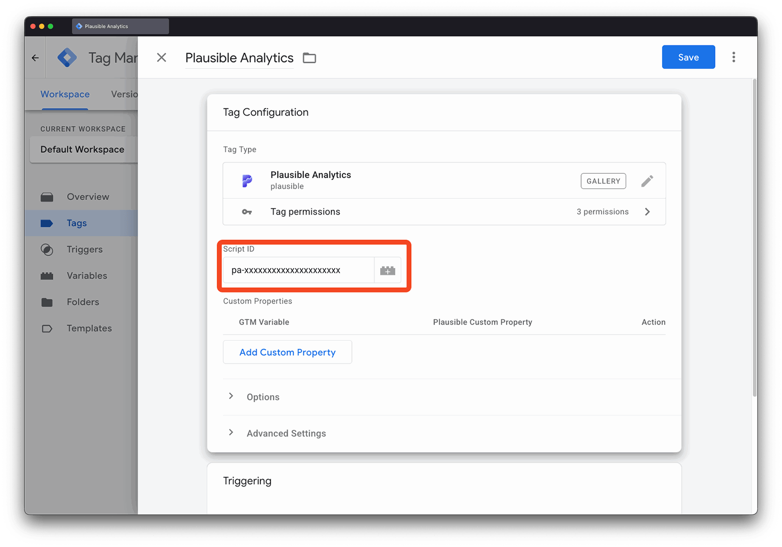 Plausible GTM Template New Tag Script ID